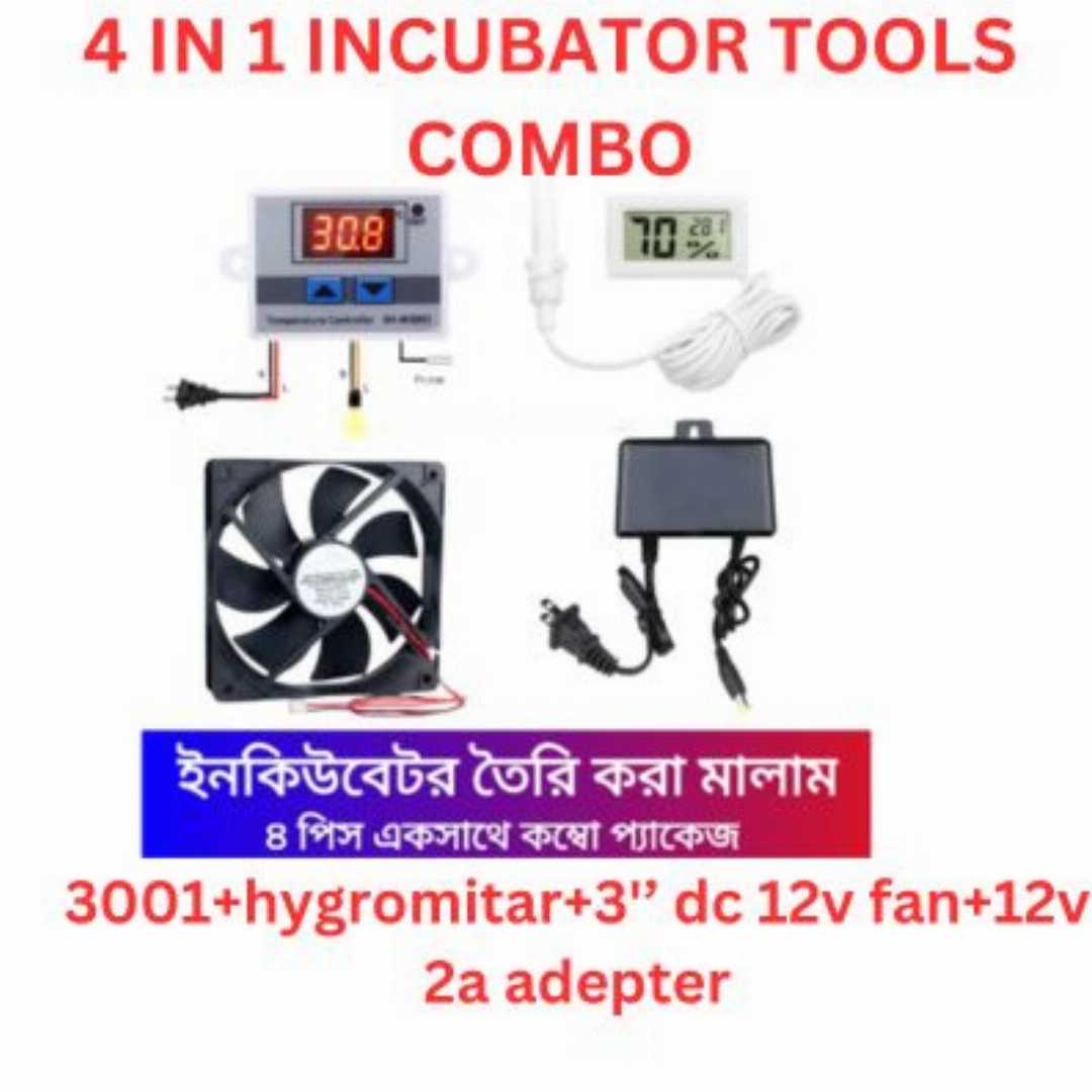 XH-W3001,Temperature,Controller,Combo,Pack,with,Thermometer,Hygrometer,,DC,12V,3",Cooling,Ventilator,Fan,&,12v,2A,Adapter,4pcs,Combo,Package,for,Egg,Incubator