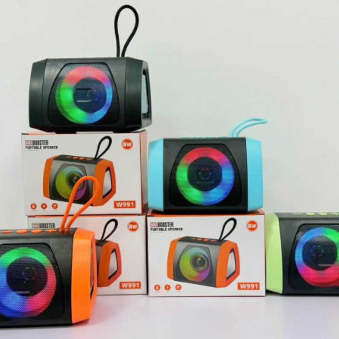 W991,Bass,Booster,Portable,Wireless,Speaker,,a,compact,audio,device,featuring,built-in,RGB,dynamic,disco,lighting,effects.